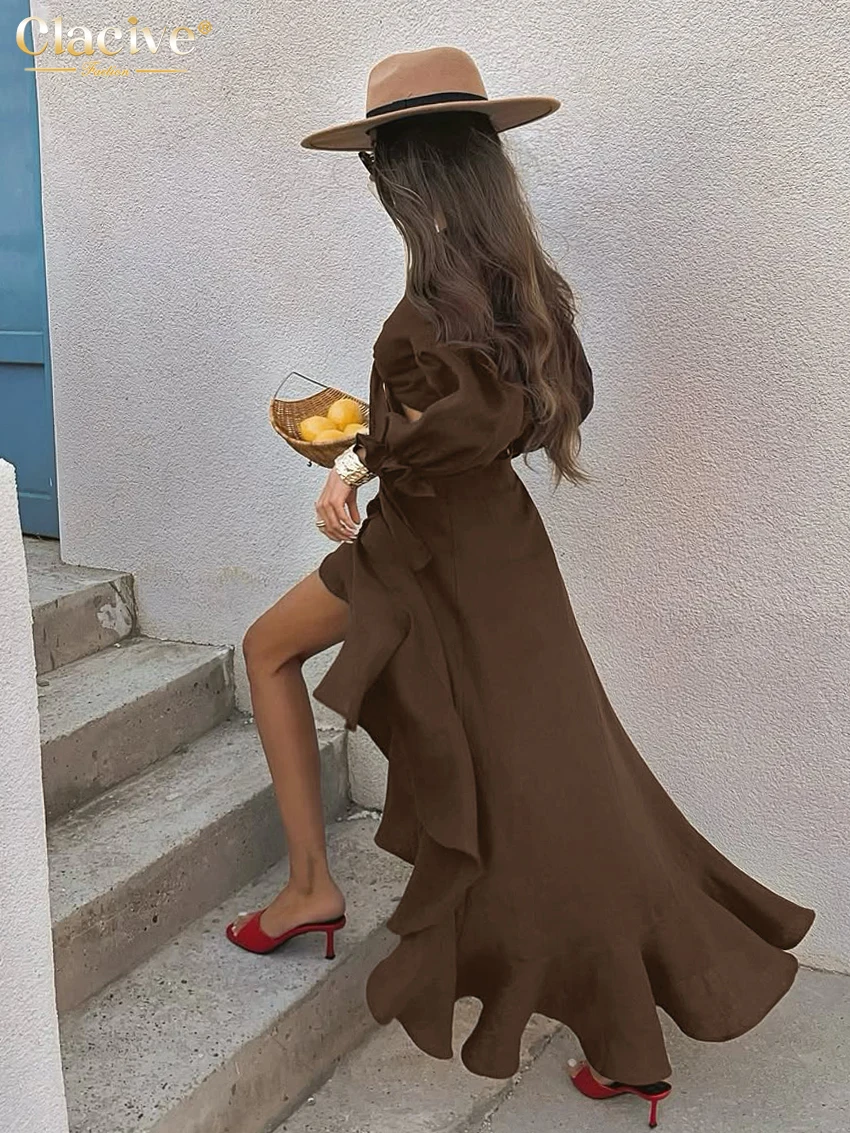 Clacive Fashion Loose Brown Cotton Two Piece Set Outfits Woman 2025 Elegant Long Sleeve Crop Top With High Waist Long Skirt Set