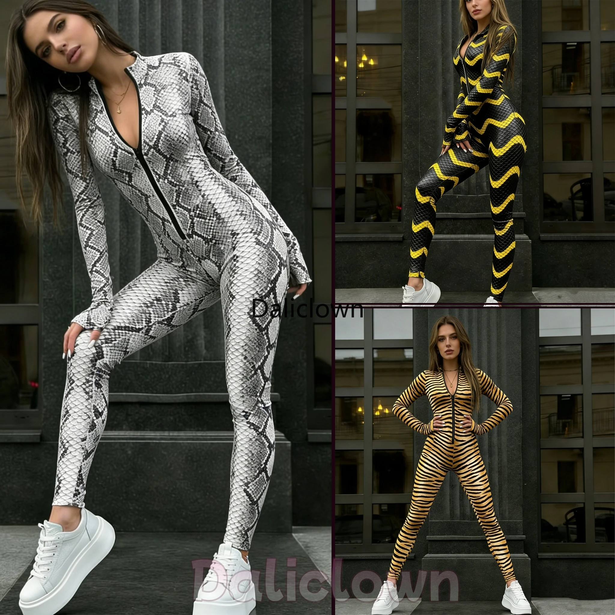 Damen Schlangenhaut-Jumpsuit Retro Slim Fit Sexy Schlangenmuster Langarm Eng Anliegender Catsuit Club Party Halloween Bodysuit Rave-Kostüm