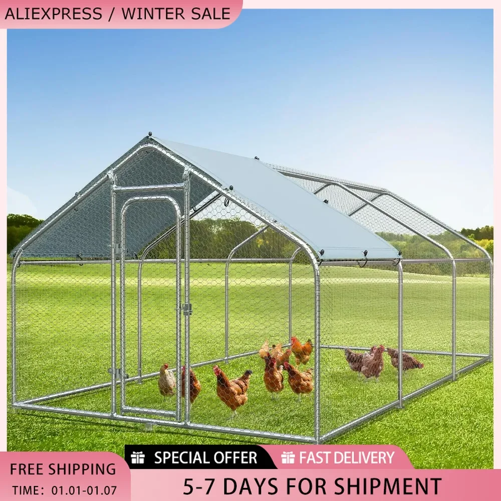 Large Metal Chicken Coop with Waterproof Cover, Chicken Hen Run Duck House Rabbits Cage for Outdoor Backyard Farm Use