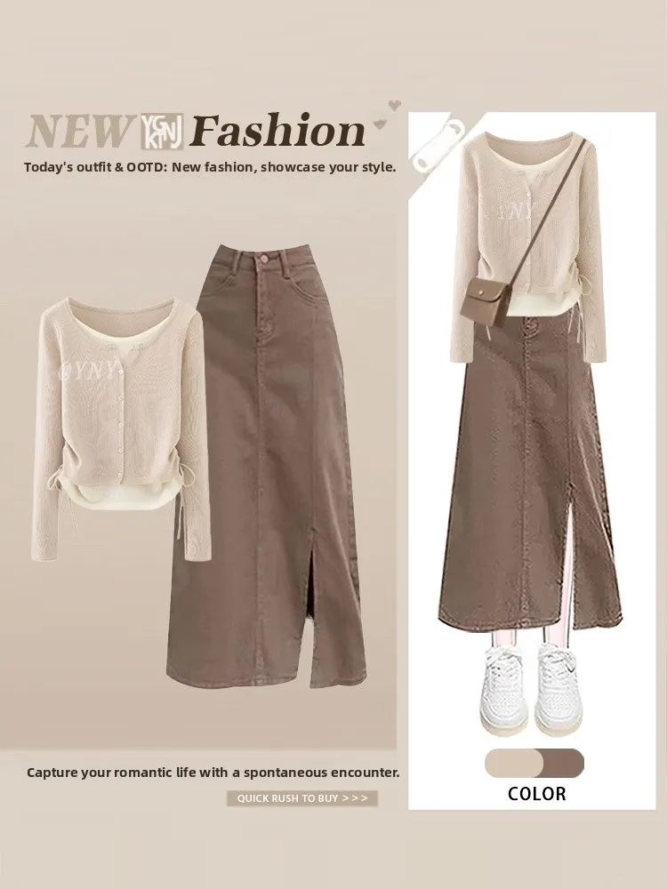 

Sweet And Spicy Sle Mo Two-Piece Top with Denim Skirt Autumn Faion Merald Old Money Look Casual Long Sve T-irt