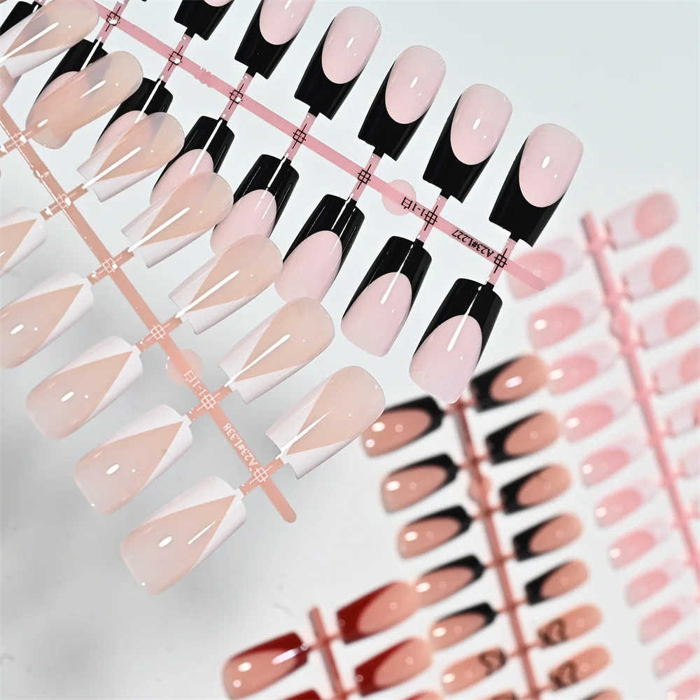 120Pcs Medium Square French Press On Nails Black Red Line Heart Fake Nails Tips Chic Minimalist Style Reusable False Fingertips - view 3