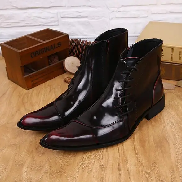 

Autumn Burgundy Black Genuine Leather Pointed Toe Business Shoes Man Cross Tied High Top Flat Short Ankle Boots Short Booties