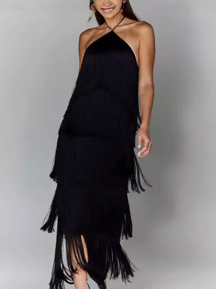 Chic senhora noite festa robe sexy cor metálica borla halter rendas até vestido elegante sem costas sem mangas em camadas vestidos finos