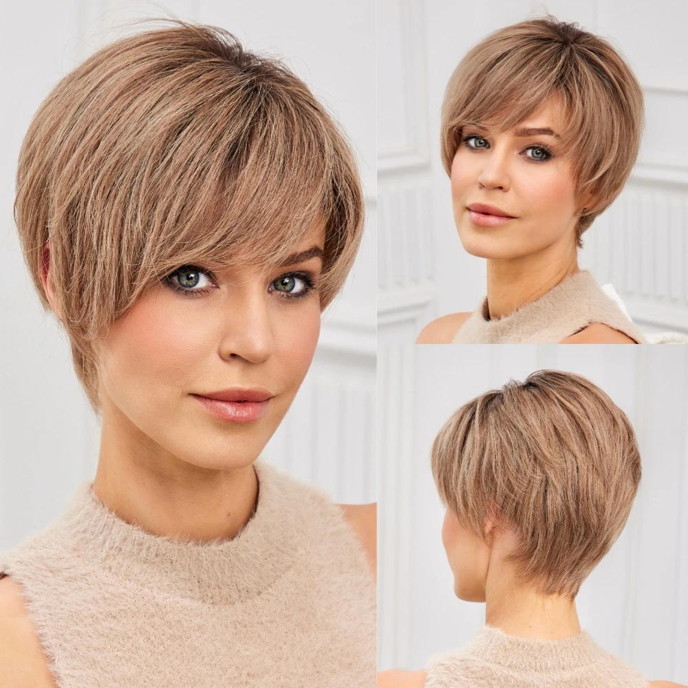 Hand-Tied Lace Front Wig Light Brown Ombre Remy 100% Human Hair Wigs Natural Layered Short Bob Lace Frontal Hair for Women Daily