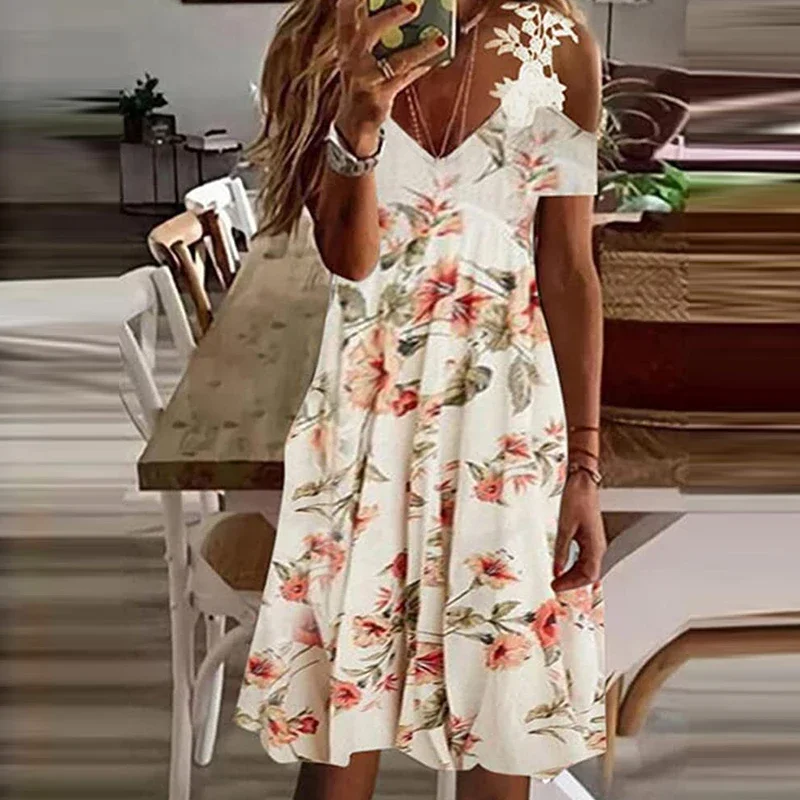NONE Modisches Spitzen-Hosenträgerkleid mit V-Ausschnitt für Damen, Sommer, lässig, weiße Spitze, kurzer Rock 3