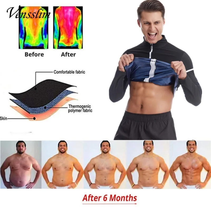 Men Long Sleeves Sauna Sweat Shirts Waist Trainer Body Shaper Zipper Tank Tops Hot Thermo Slimming Workout Weight Loss Suits