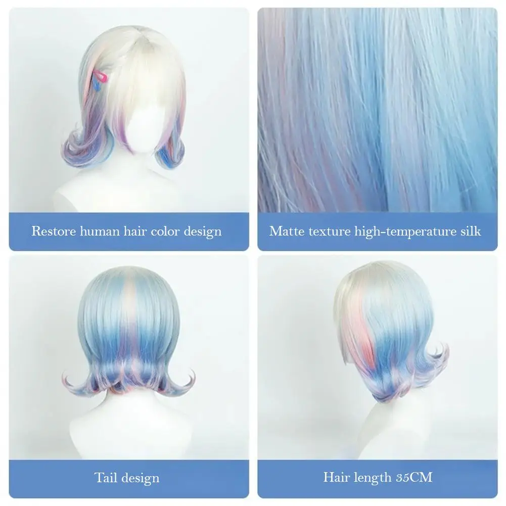 วิกผมลอนคลื่นพร้อมไฮไลท์สีชมพูฟ้าแบบไล่ระดับ สำหรับนักเรียนหญิง มีหน้าม้า เหมาะสำหรับงานคอสเพลย์ ปาร์ตี้แฟนซี และฮาโลวีน