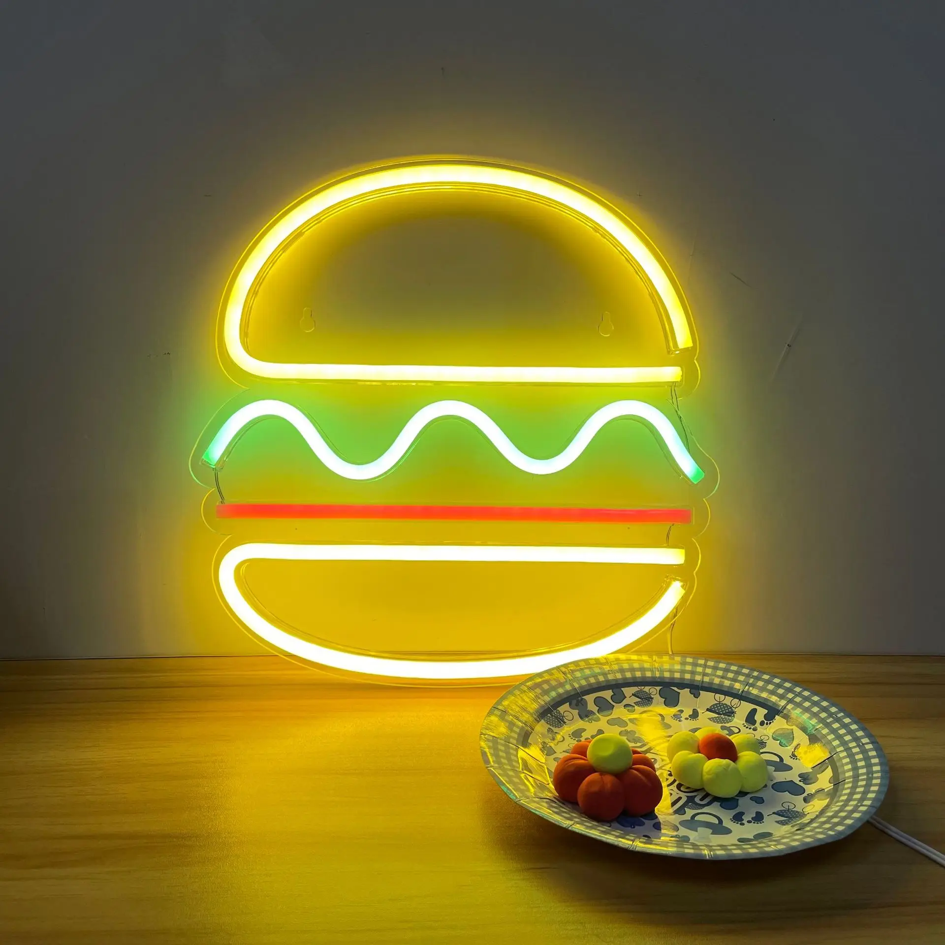 Hamburger Neon Light for Party Wedding Birthday Fast Food Shop Restaurant Wall Hanging LED Neon Sign Home Decoration Night Light