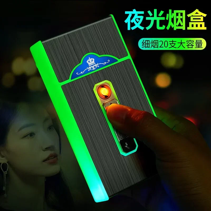 Women's Cigarette Box Illuminated Ultra-thin Can Hold 20 Cigarette Lighters New USB Electronic Lighter