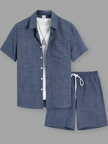 Conjunto de Camisa de Manga Curta com Textura de Algodão e Linho para Homens e Calças Curtas, Confortável e Respirável para Uso Diário