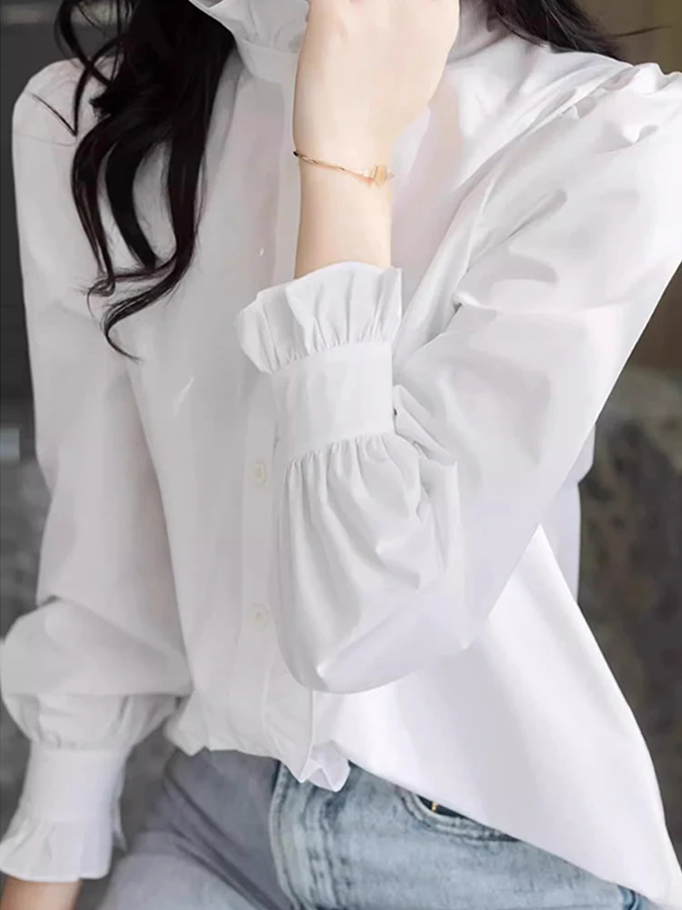 Simple Ele Stand Collar Lace Trim irt Poised Businlike Commute Autumn Spring Faionable Versatile Women's Top