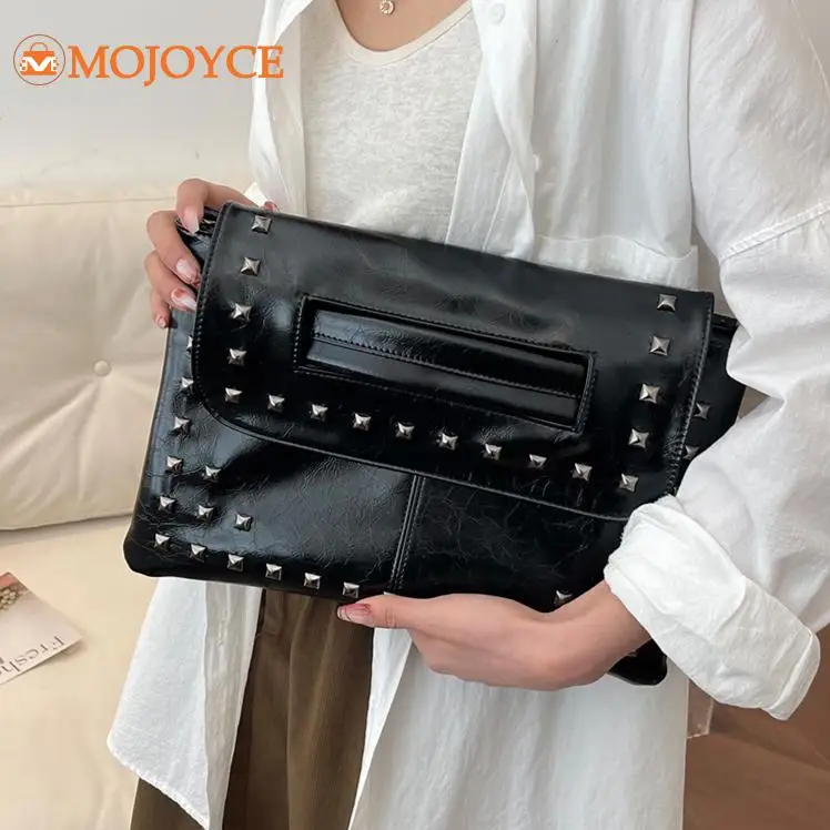 Luxury Brand Square Sealing Bags American Rivet Chic Crossbody Bags Locomotive PU Shoulder Bag Detachable Strap Retro Clutch Bag