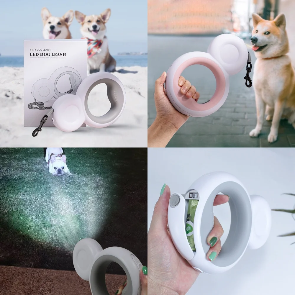 New Multifunctional Retractable Dog Leash with Night Light and Poop Bag Dispenser for Pets