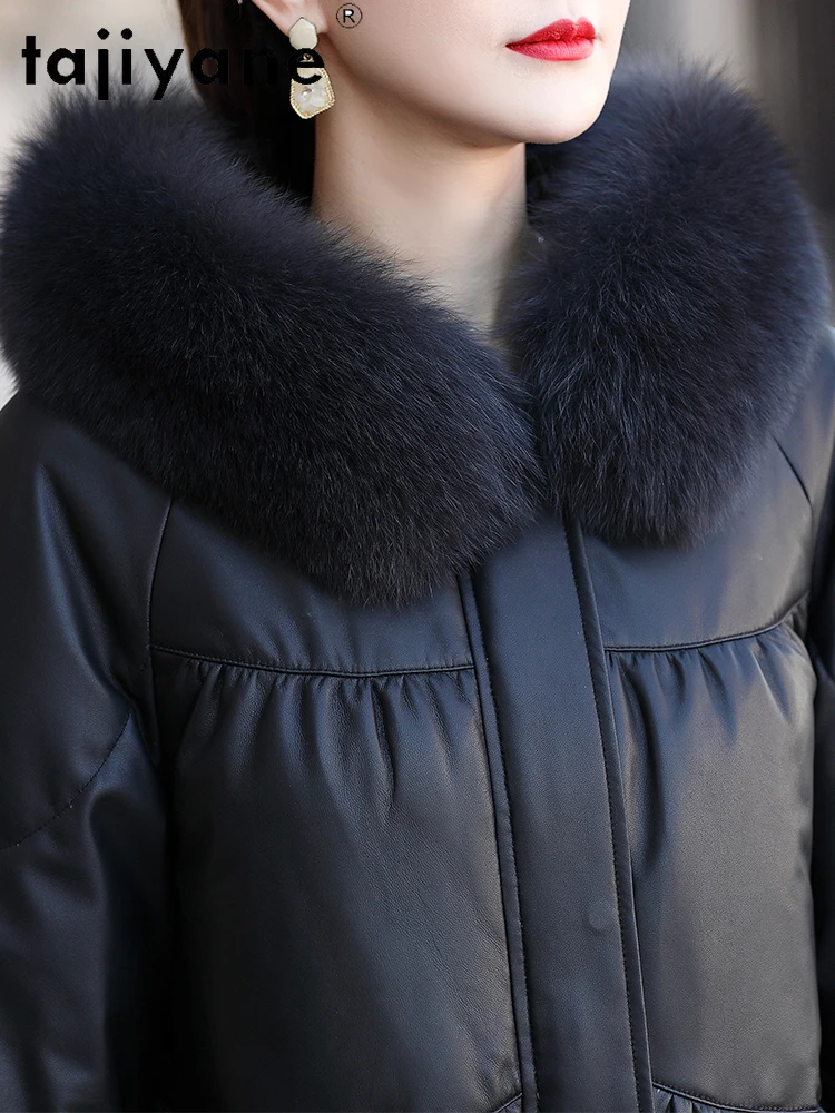 TAJIYANE Real Sheepskin Puffer Jacket Women Fox Fur Collar Duck Down Coat Genuine Leather Jackets 2025 Winter Clothes Woman 가죽자켓