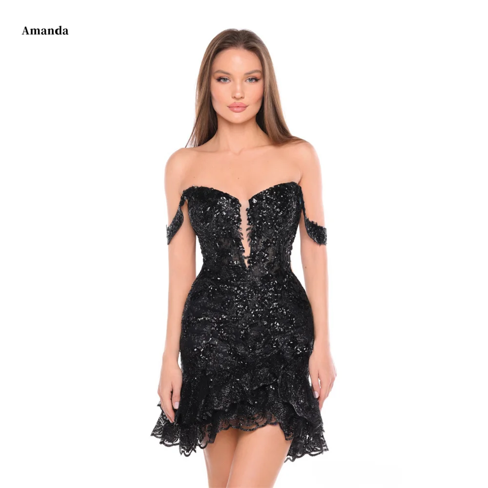 

Amanda Off the Shoulder Mini vestidos de fiesta Shiny Sequins فساتين سهرة Elegant Sleeveless Knee-length Party Dresses 2024