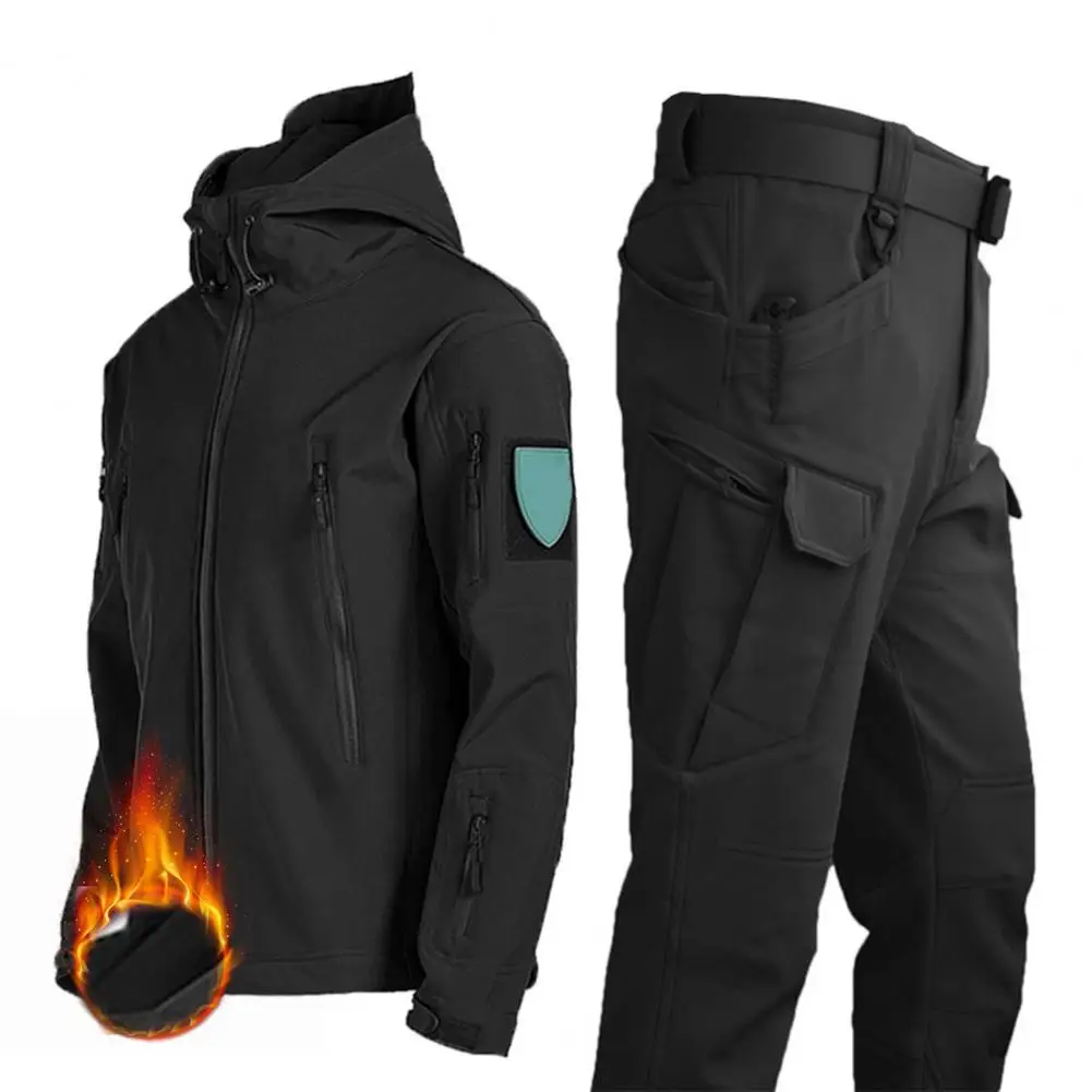 2Pcs/Set Men Thermal Jacket Pants Waterproof Fleece Lined Windbreaker Outfit Winter Thicken Hooded Tracksuits Set Hiking Hunting