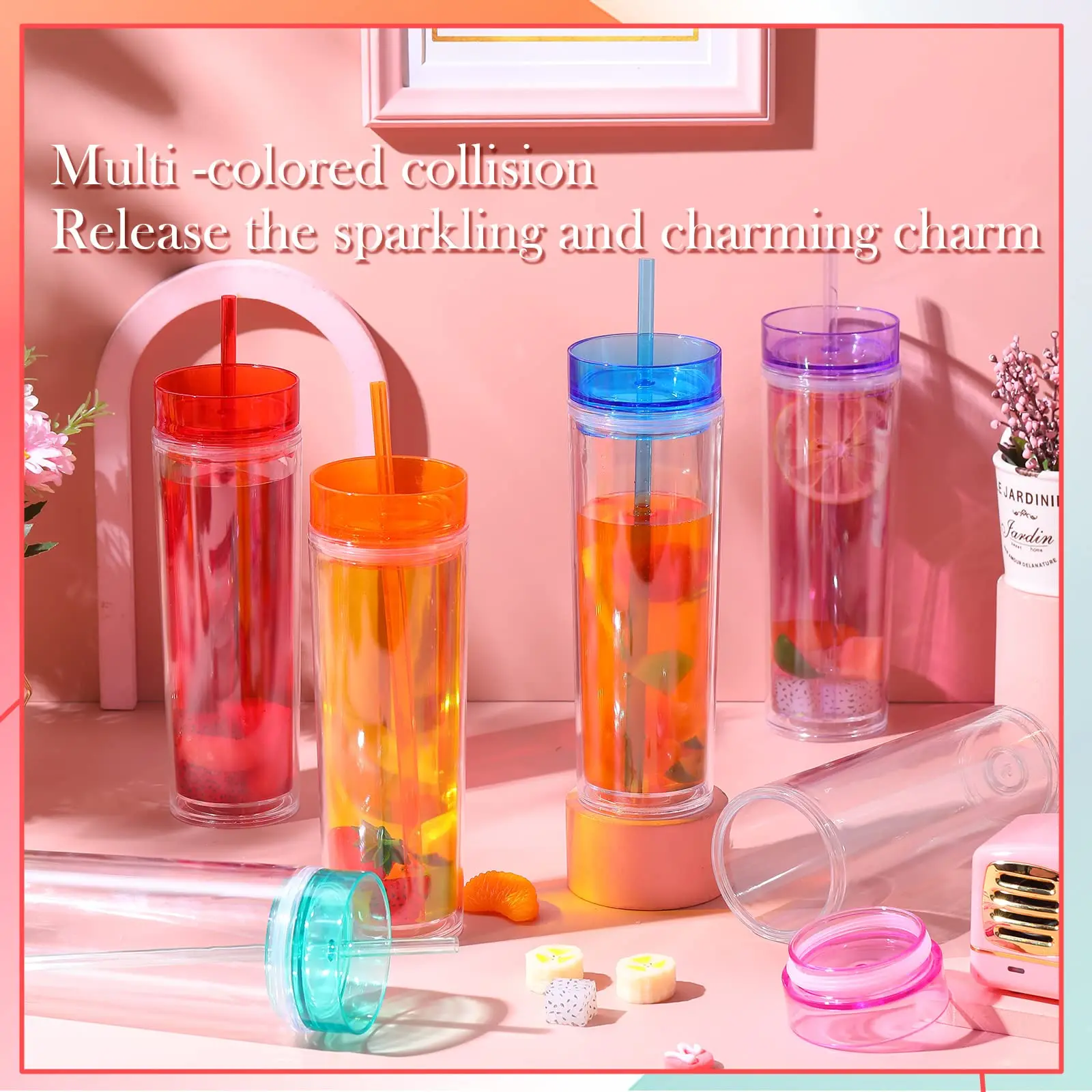 450ml Colorful Straw Cup,Skinny Clear Coffee Cup,Summer Ice Water Bottle,Double Wall Plastic Drinkware for Juice Shakes Smoothie