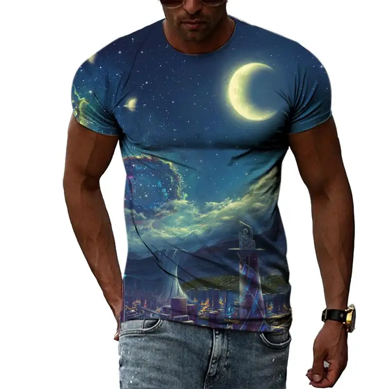 

New Tide Summer Fashion Cosmic Landscape Picture T-shirts Casual Print Tees Hip Hop Personality Round Neck Short Sleeve Tops