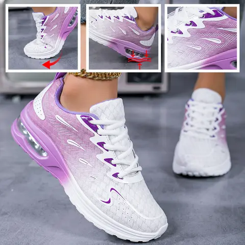 Women Gradient Air Cushion Running Sneakers Breathable Flying Weave Mesh Shock Absorbing Non Slip Lightweight Lace Up Sports Shoes For Gym Jogging Walking Daily Outdoor Casual Footwear 2026 New
