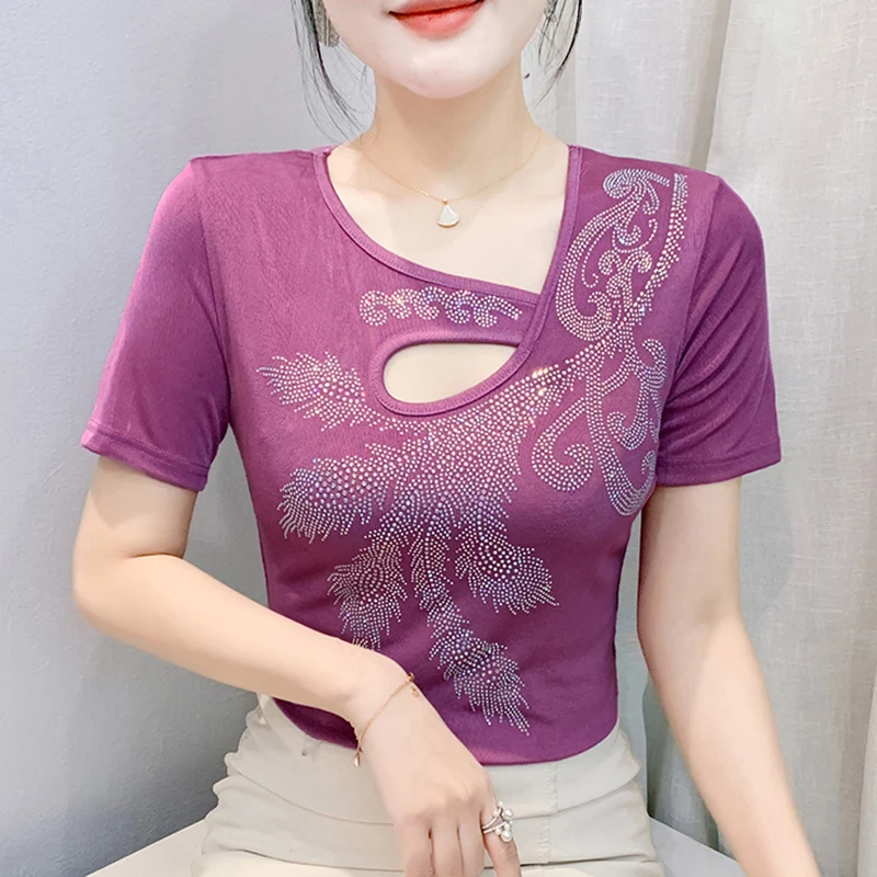 

Новая летняя женская футболка с короткими рукавами и v-образным вырезом, модные сексуальные открытые черные сетчатые футболки с бриллиантами, топы