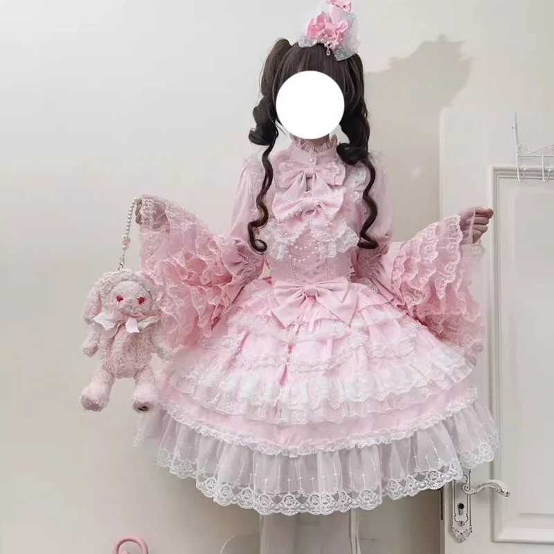 

Lolita Hanguniang Gorgeous Flower Wedding Jsk Outfit Lace Ruffled Bowknot Multi-Layered Women Party Cosplay Dress Gift
