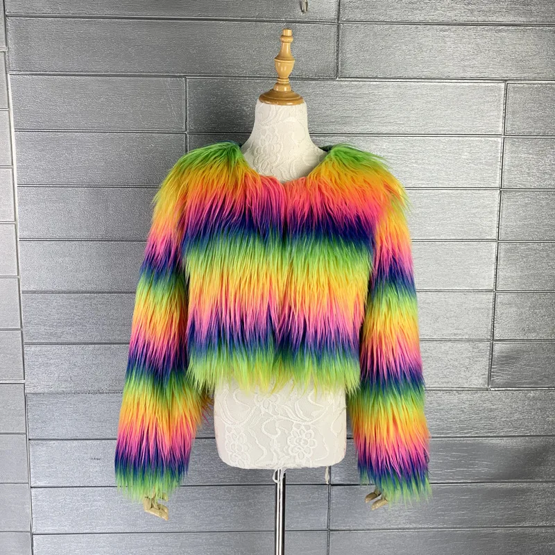 Four Color Rainbow Imitation Falling Fur Grass Long Fur Imitation Fur Grass Goat Fur Women's Short Coat Autumn and Winter