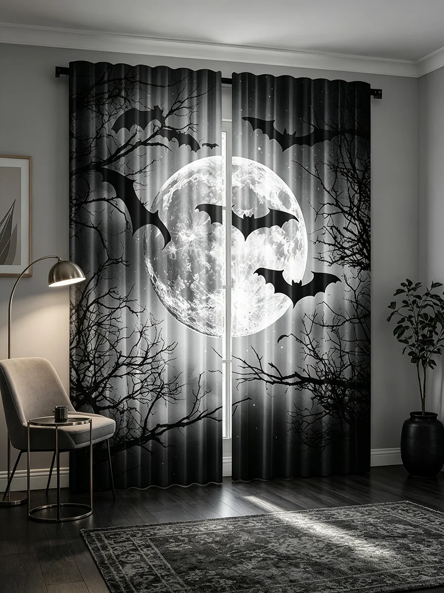 2PCS Halloween Digital Print Curtains, Moon Bats Dead Tree Branches, Gothic Black White Style, Bedroom Living Room Home Decor