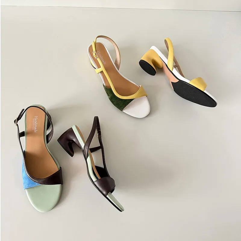 New Summer Sandals Women Shoes Round Toe Shoes for Women Fashion Mixed Color Sandals Handmade Open Toe High Heels Roman Sandals