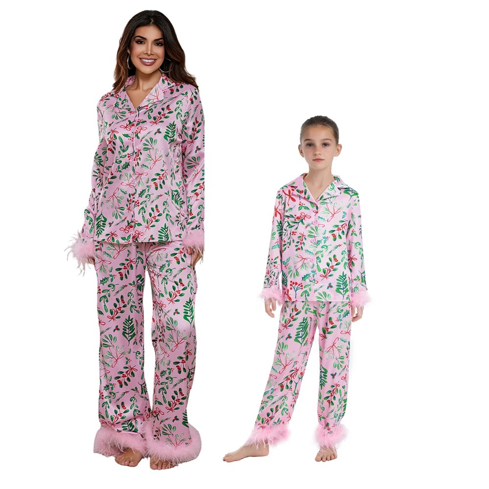 Mommy and Me Christmas Family Matching Pajamas Sets Leaves Print Feather Trim Long Sleeve Button Shirts Pants Loungewear Suits