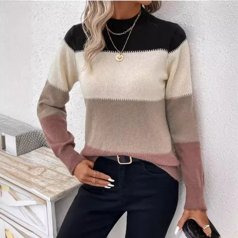 Casual Loose Striped Knitted Pullover Sweater For Winter Women's Pullovers2024 New Contrast Knitt Tops Fashion Sweater