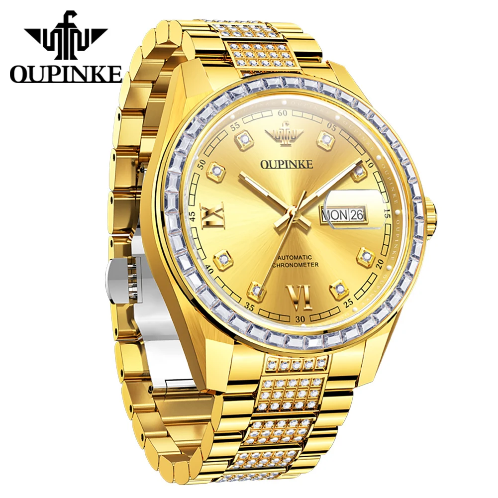 OUPINKE 3328 New Original Automatic Mechanical Men's Wristwatches Full Diamond Stainless Steel Fashion Luxury Business Man Watch