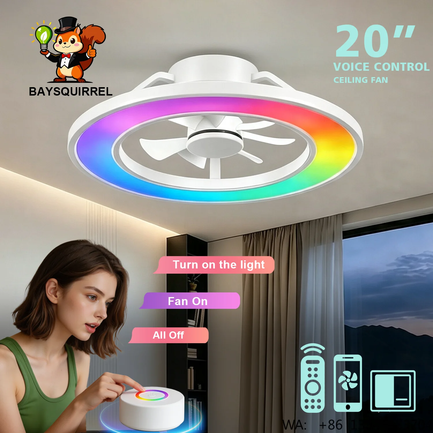 Acrylic Metal 20Inch Ceiling Fan with Light RGB Ambience Ring Smart APP DC Motor for Dining Bar Cafe Custom OEM ODM