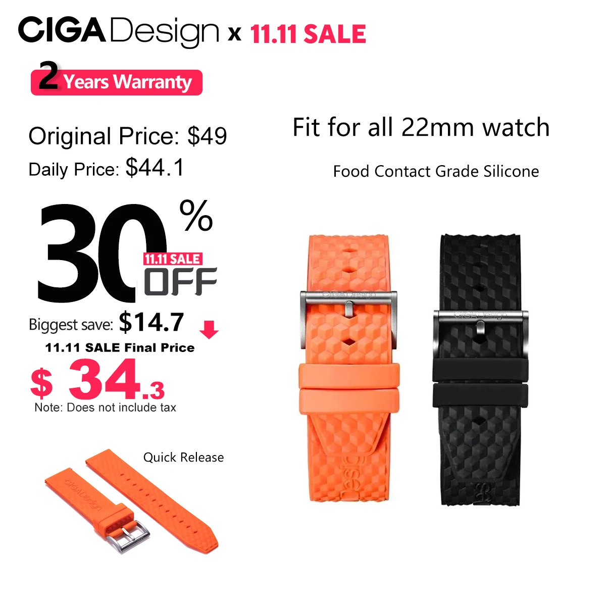 CIGA Design Original 22mm Silicone Watchbands Quick Release Bracelet Pin Buckle Black / Orange Watch Straps for Men's Wristwatch