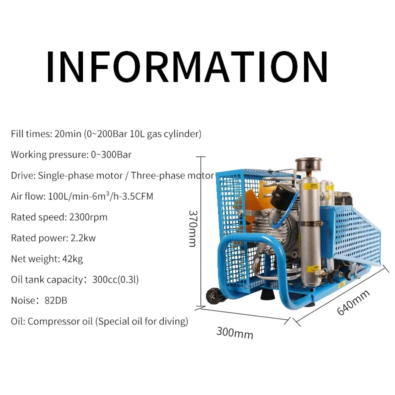 TUXING Factory High Pressure Manual Stop Four Cylinder 4500psi/300bar Fan Cooling Breathing Fast Inflation Diving Air Compressor