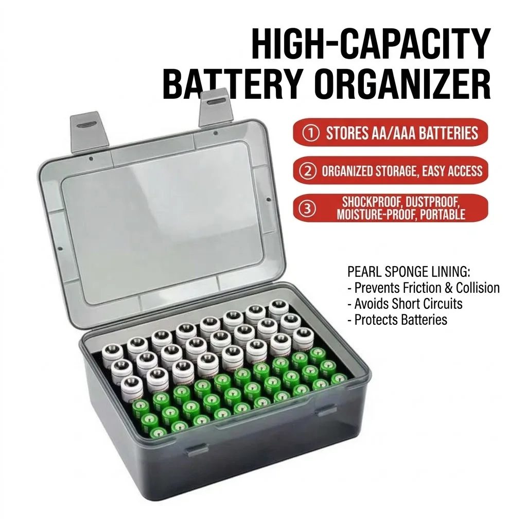 Battery Organizer Case Holds 24 AA + 30 AAA Batteries, Hard Storage Box with Sponge Foam Insert, Shockproof Battery Container