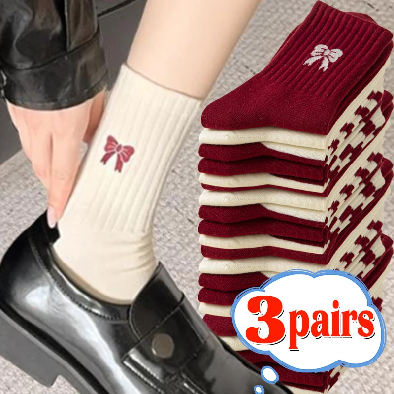 Lolita Red Bowknot Socks Kawaii Middle Tube Cotton Winter Thicken Stocking Women Snow Boot Socks Knitted Christmas Red Bow Sock