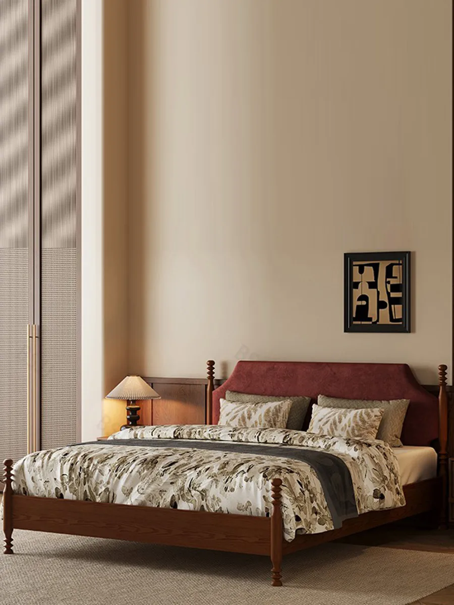 

LH retro solid wood national style bedroom double bed small apartment household wooden bed