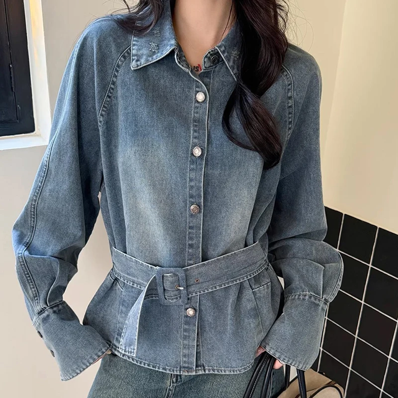 Vintage Denim Jacket Women Casual Cinched Waist Belt Patchwork Loose Coats Autumn Retro Streetwear Turn Down Collar Outwear Tops