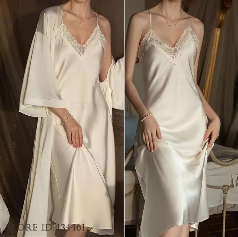 Plus Size Long 2PCS Robe Nightgown Set Pajama Elegant Kimono Bathrobe Gown Sleepwear Summer Sexy Women's Homewear Loungewear