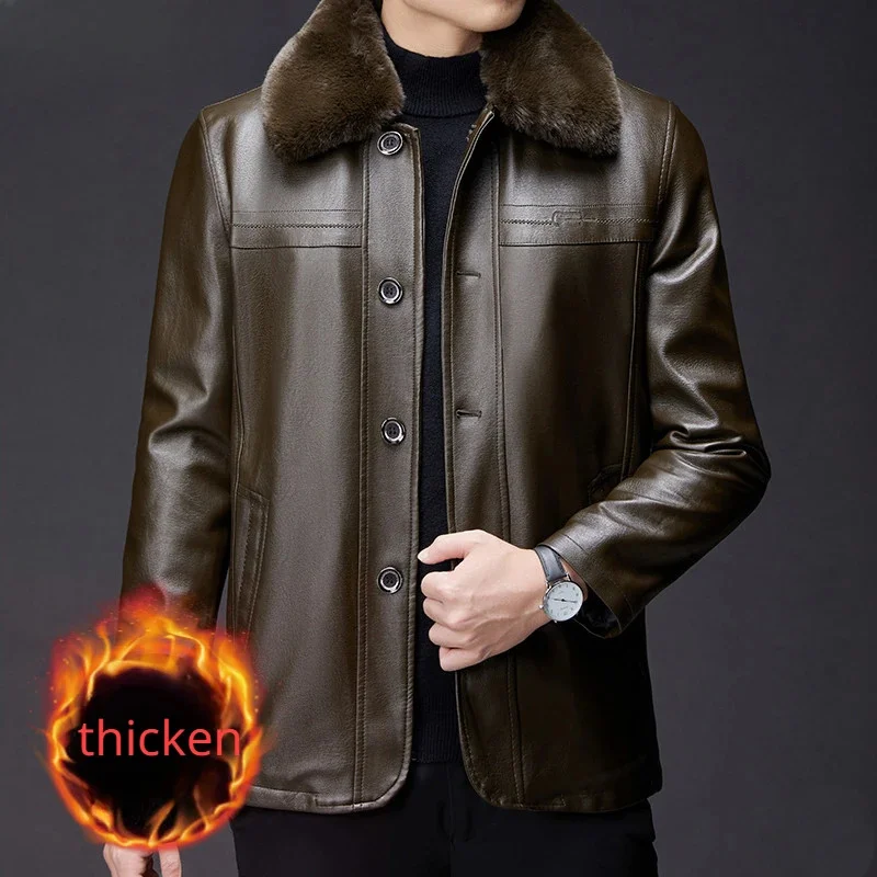 Winter Middle-Aged and Elderly Thicken Fur Integrated Lapel Coat Men Fashion Casual Solid Color Business Leather Jacket