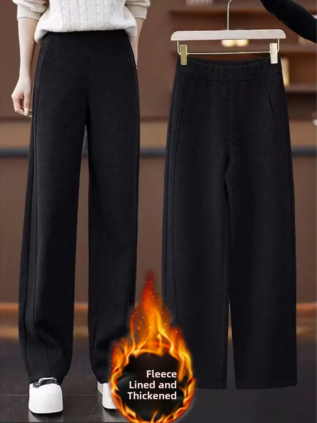 Fleece Lined Thick High Waist Casual Wide Leg Pants Women's Autumn Winter Loose Comfortable Fashionable Knife  Trousers
