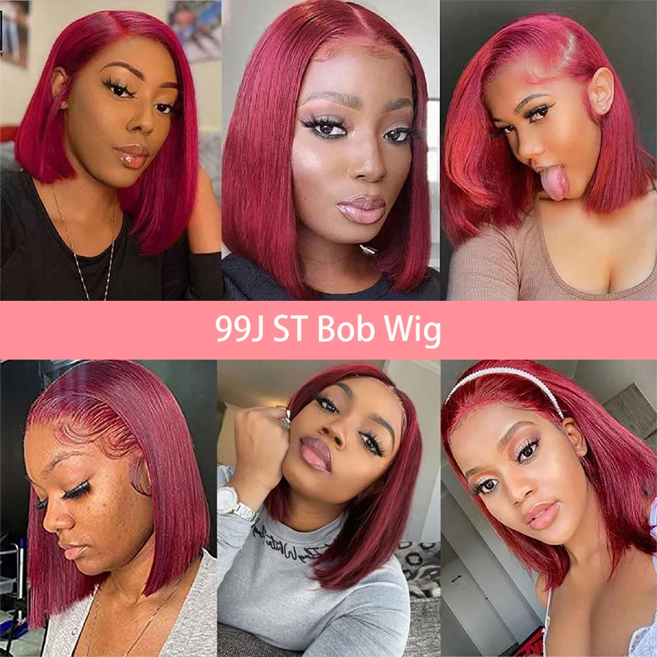 99J Burgundy 200% Straight Short Bob 13x4 Lace Frontal Human Hair Wig Remy Transparent Lace Front Wig 12 Inch Bob Wigs For Women