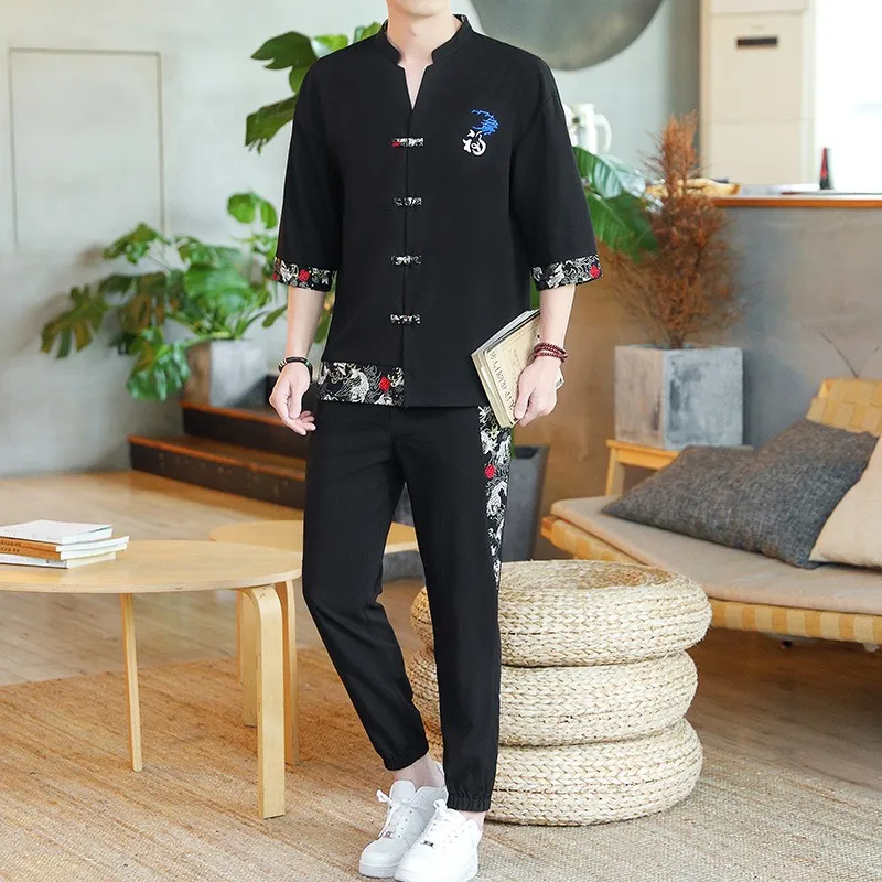 Linen Zen Tea Tee Tops Pants Kung Fu Uniform Oriental Fashion Casual Loose T-shirt Chinese Retro Style Tang Suit Men Trousers