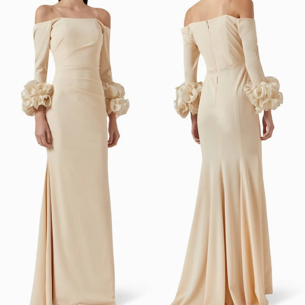 Customized High Quality Jersey Pleat Ruffle Trumpet Off-the-shoulder Long Dresses Bespoke Occasion Chinese Style