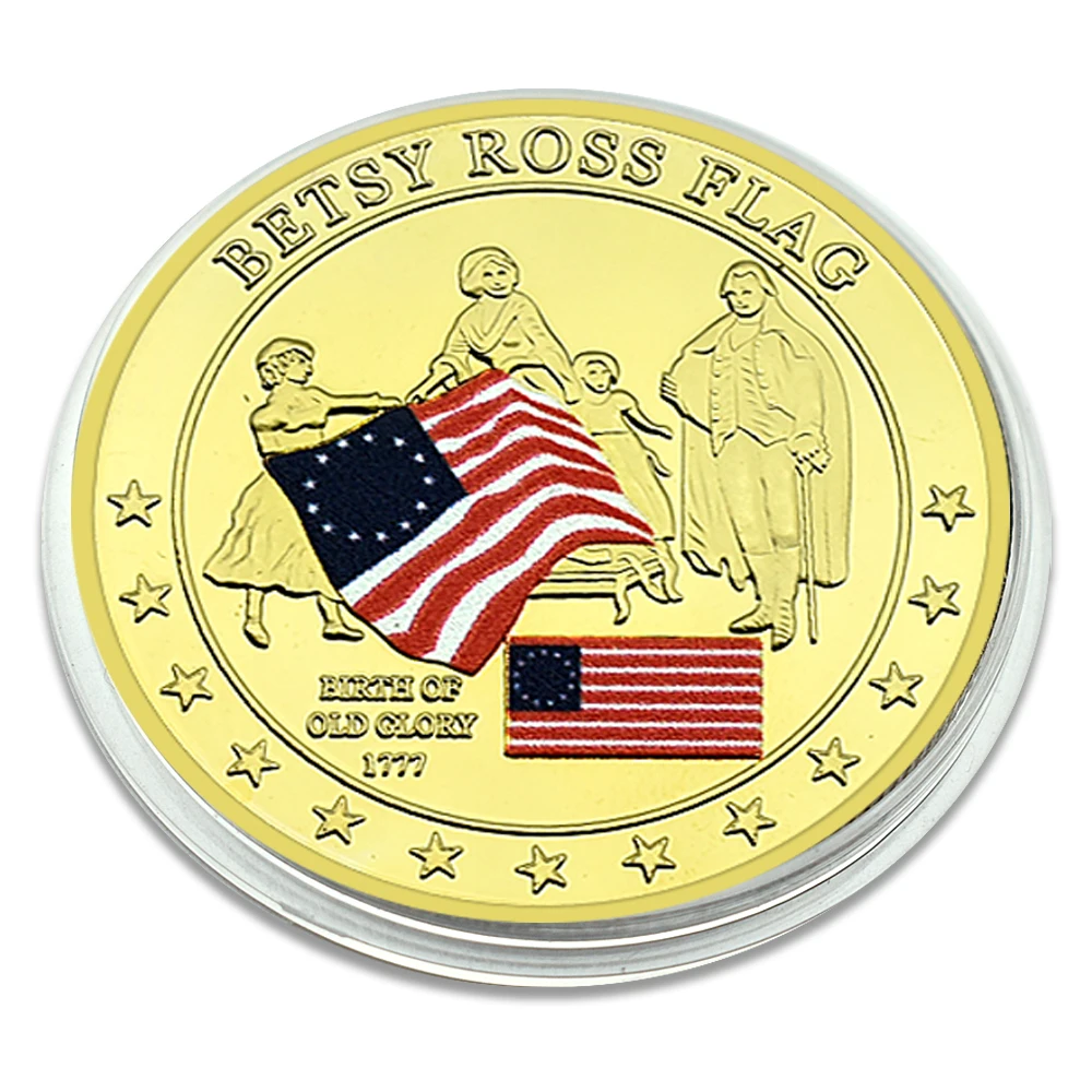 United States Betsy Ross Flag Challenge Coin History of Old Glory Commemorative Coin with Plastic Case Gift Collection