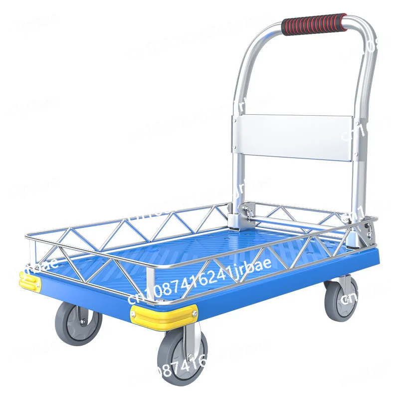 

Pull goods flatbed cart trolley with guardrail household folding portable light sound small trailer