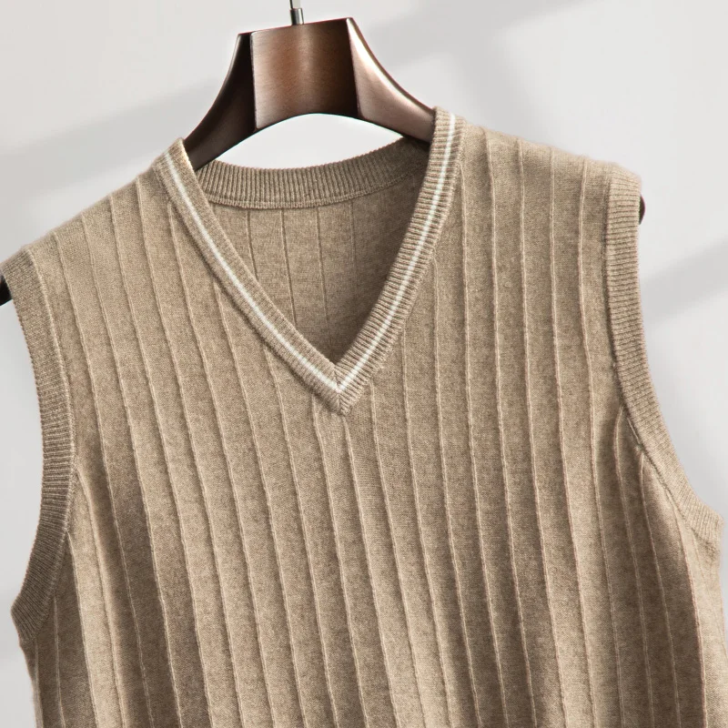 100% Pure Cashmere Vest Spring/Autumn Men's V-neck Sleeveless Sweater 2024 High-grade Warm Knit Vest All-match Waistcoat