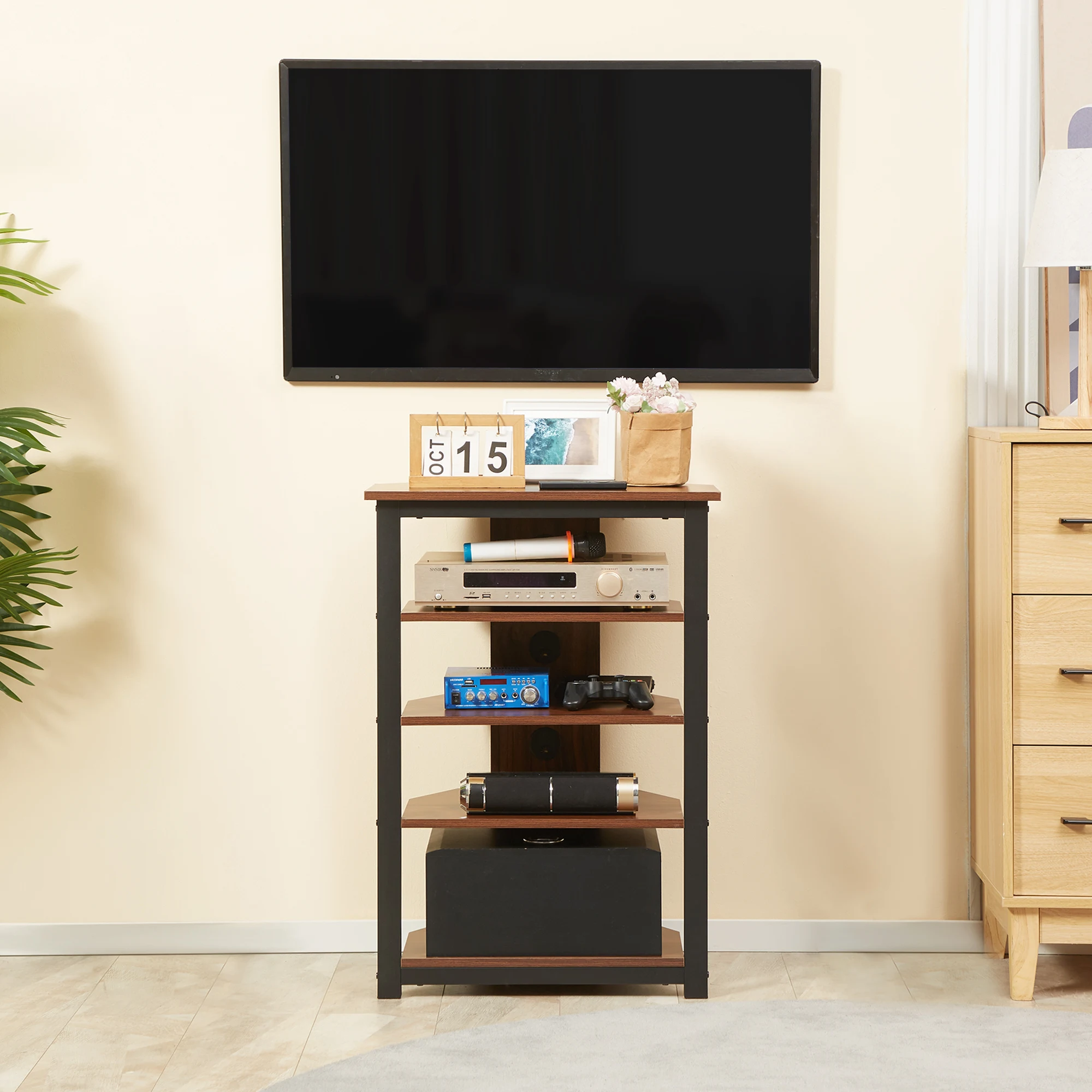 HOMCOM Media Stand with 4-Tier Audio Rack AV Media Corner Shelf with Cable Management for DVD Players Game Console TV Box Cable Box Xbox WiFi Router, Brown