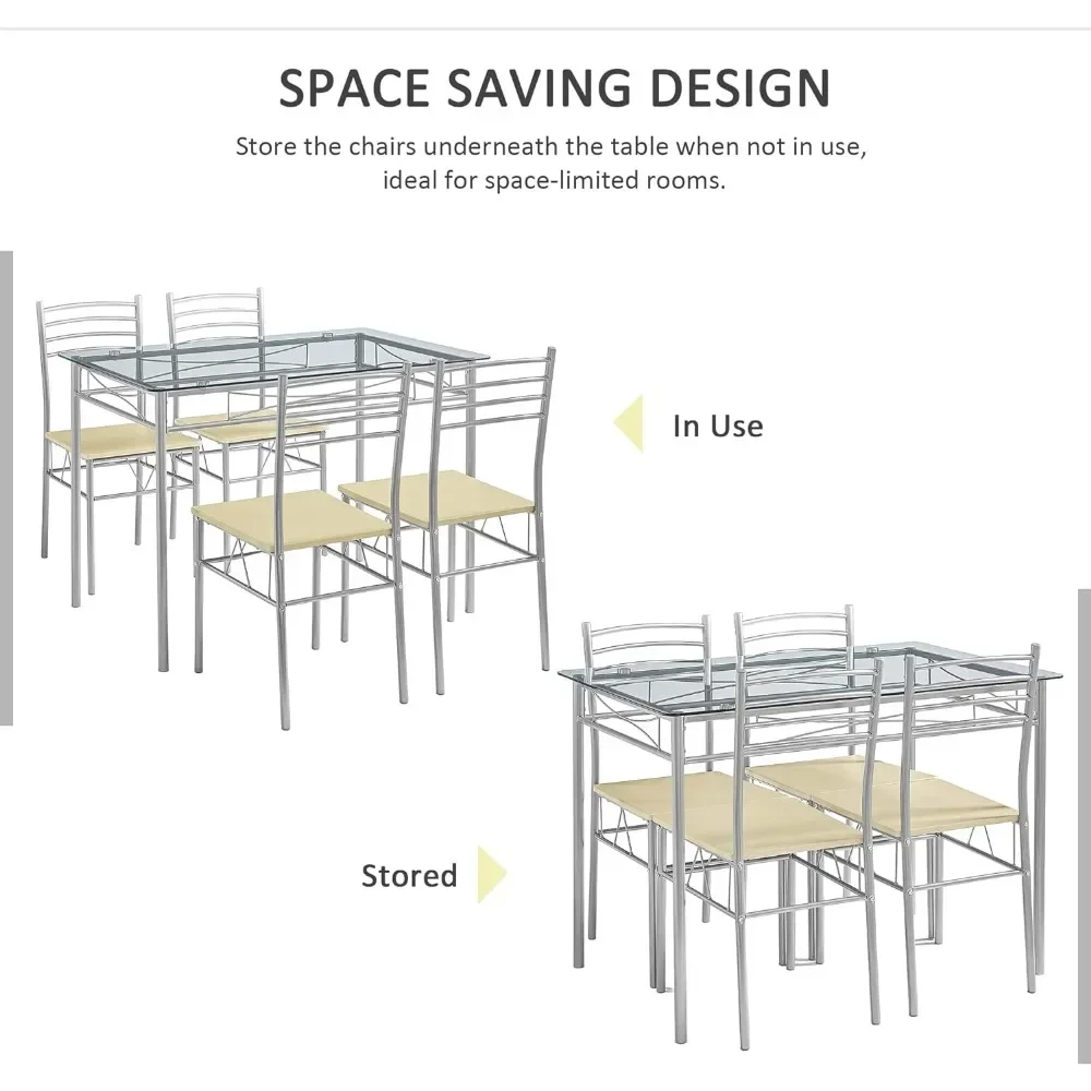 5 Piece Dining Table Set for 4 with Chairs Glass Top Small Space Silvery Simple Assembly Sturdy and Stable