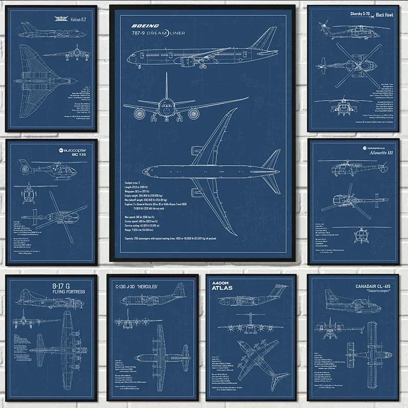 Air Force Plane Airbus Patent Prints Airplane Poster Fighter Aviation Blueprint Canvas Painting Wall Art Pictures Home Decor